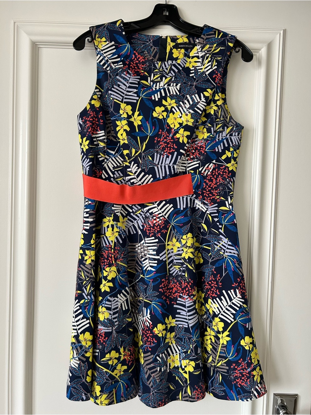 Karen Millen Navy Floral Dress with Coral Waistband